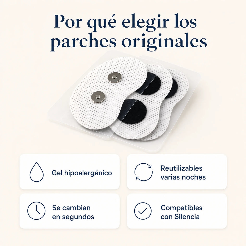 Por qué elegir los parches originales: gel hipoalergénico, reutilizables, se cambian en segundos, compatibles con Silencia