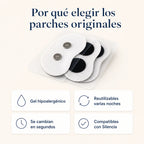 Por qué elegir los parches originales: gel hipoalergénico, reutilizables, se cambian en segundos, compatibles con Silencia