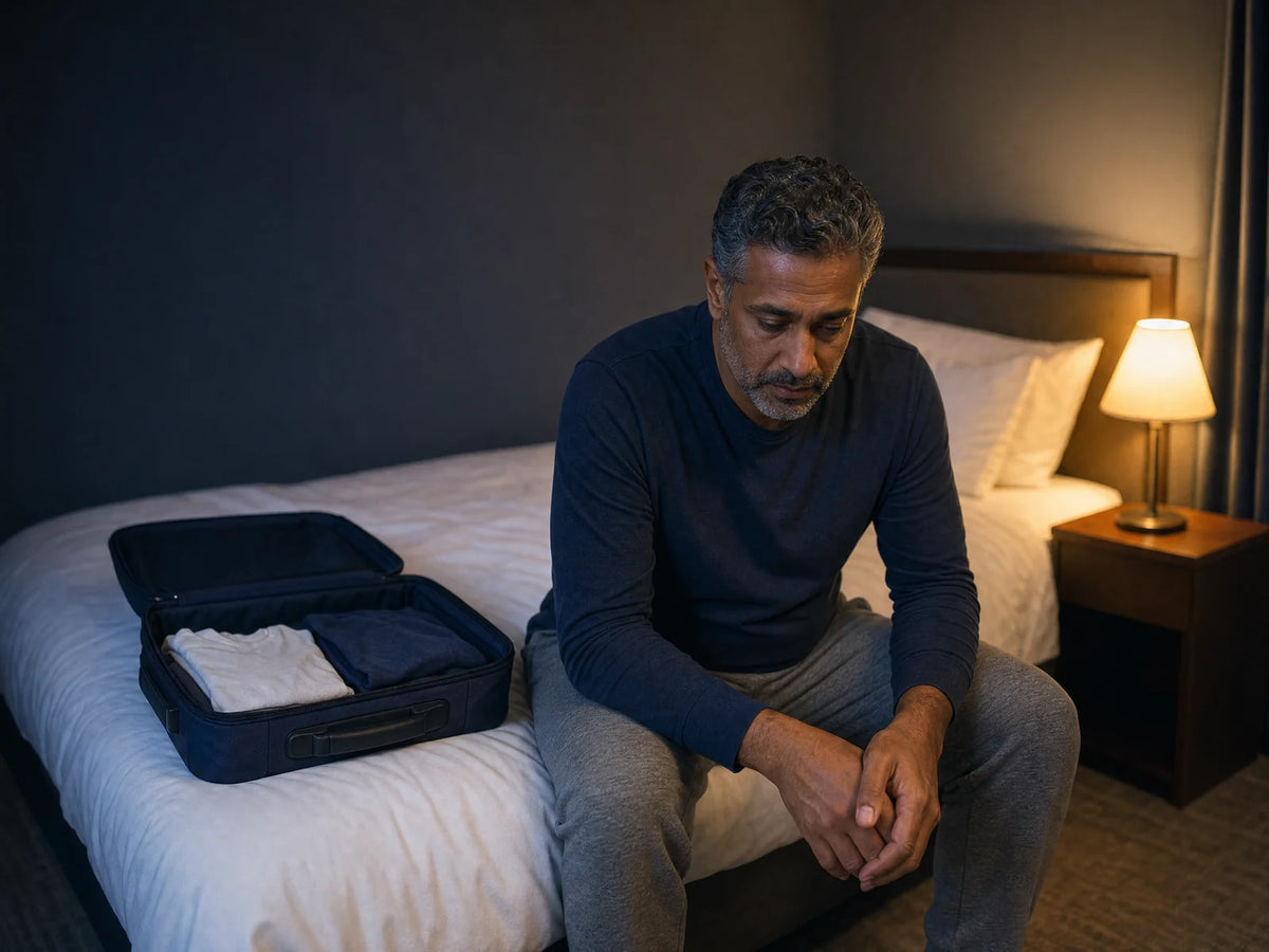 Hombre preocupado sentado en la cama de un hotel junto a su maleta abierta